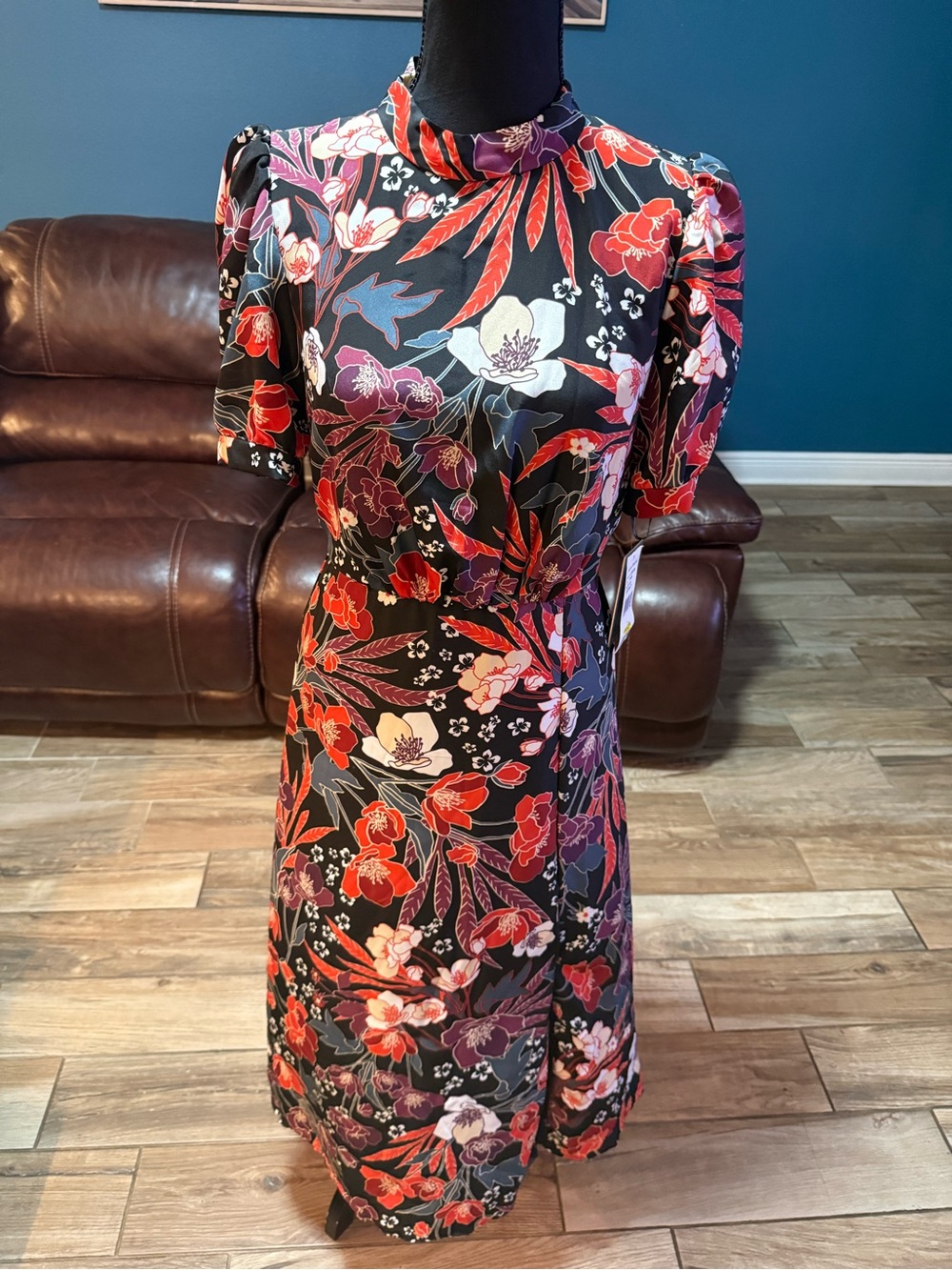 julia jordan Black Floral Midi Dress with Red and Pink Blooms